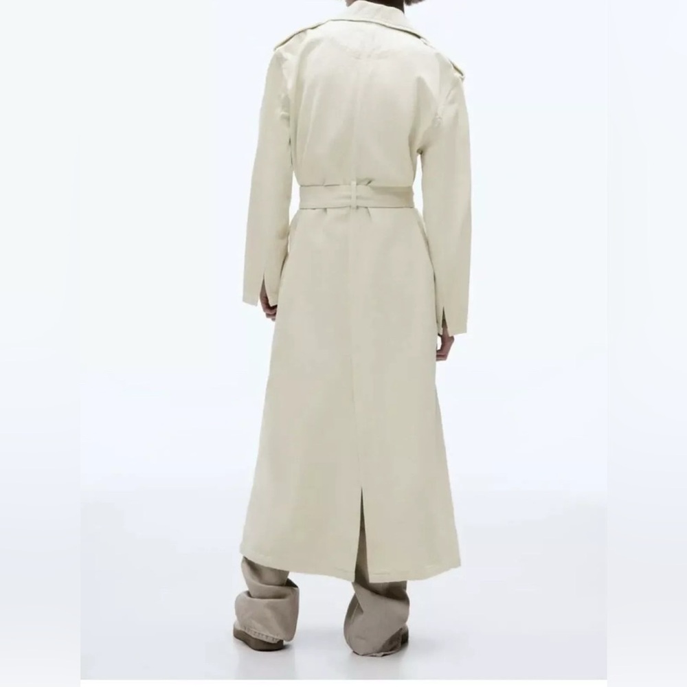 Zara Oversized Cream/Ecru Distressed Tie Waist Belted Cotton Trench Coat, NWT XS - Picture 2 of 6